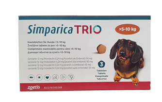 Таблетки Simparica Trio (Сімпаріка Тріо від бліх, кліщів та глистів для собак вагою 5,1-10кг) 1шт.