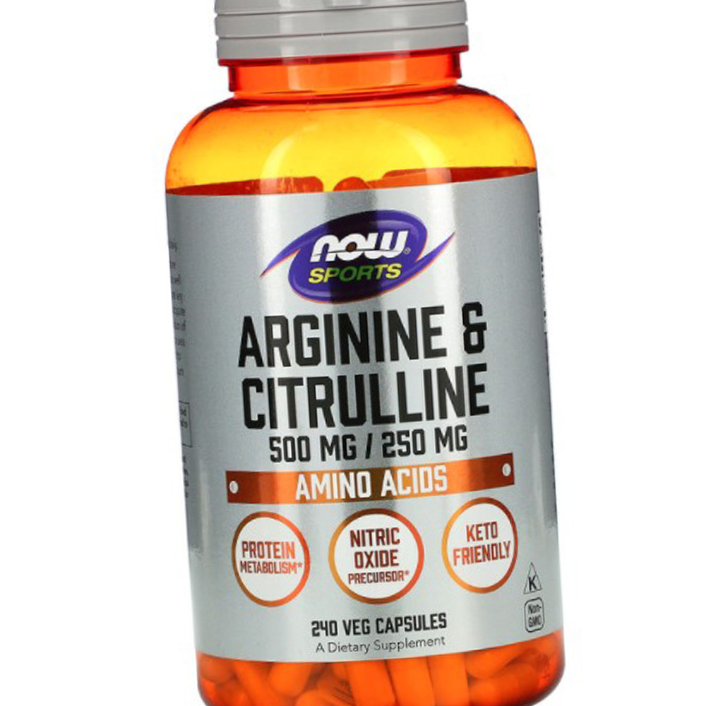 Аргінін і цитрулін NOW Arginine & Citrulline 500 mg/250 mg 240 капсул вегетаріанських, фото 1