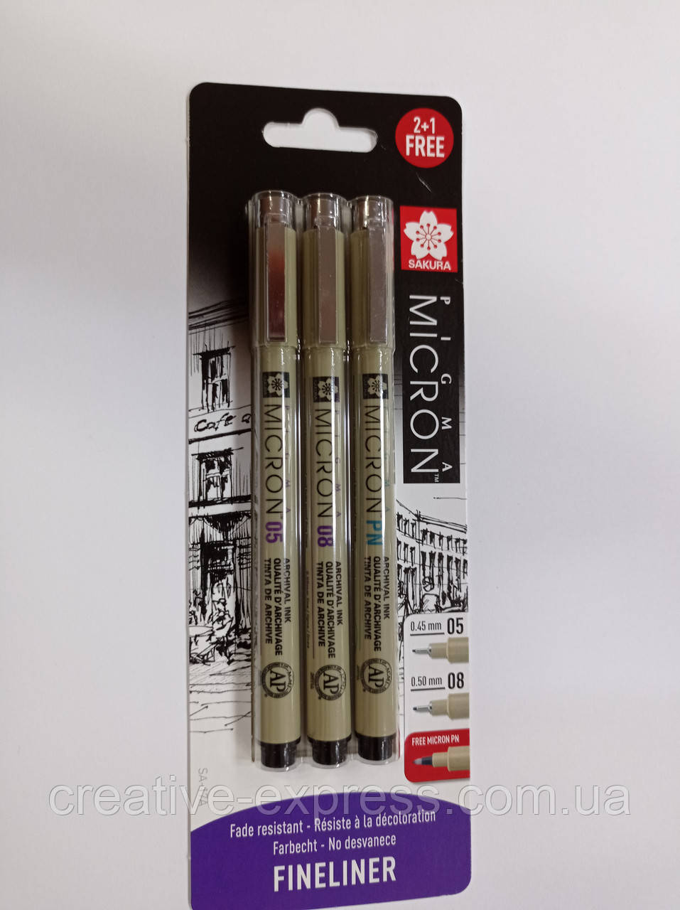 Набір лінерів PIGMA MICRON 2шт, (0.5/0.8) + 1 ручка MICRON PN В ПОДАРУНОК, Чорний, у блістері, Sakur