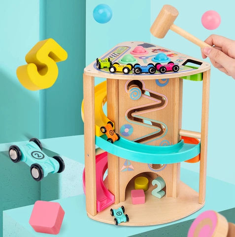 Дитячий дерев'яний ігровий набір 3в1 трек з машинками, стучалка, сортер Metr+ 2305-80