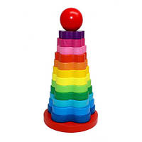 Пирамидка деревянная на 12 колец, детская пирамидка, игрушка пирамида, развивающая игра для детей (MD1183)