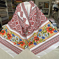 Український рушник з маками і ромашками і червоним орнаментом 42х150 см