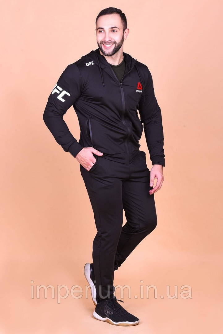 Спортивний чоловічий чорний костюм на блискавці з капюшоном | лого ufc reebok