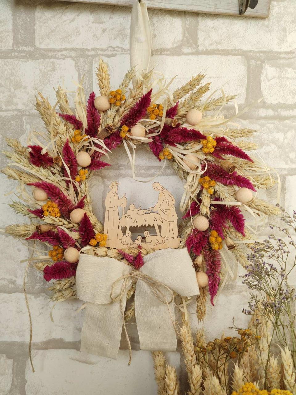 Різдвяний вінок з Вертепом з сухоцвітів,вінок Д-26 см, фото 1