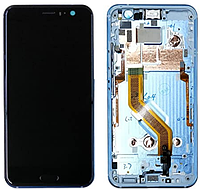 Дисплей HTC U11 тачскрин модуль чорний оригінал у рамці блакитного кольору Amazing Silver зі шлейфом сканера