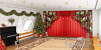 Новогодние Фото Шторы в детский сад "Елочные ламбрекены на красном фоне"