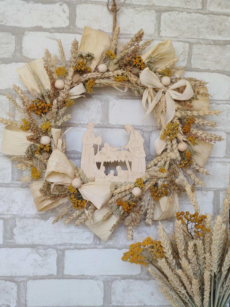 Різдвяний вінок з Вертепом з сухоцвітів,вінок Д-42 см, фото 1