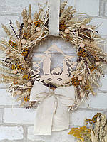 Різдвяний вінок з Вертепом з сухоцвітів, вінок натуральний на двері, різдвяний оберіг,  Д-35 см