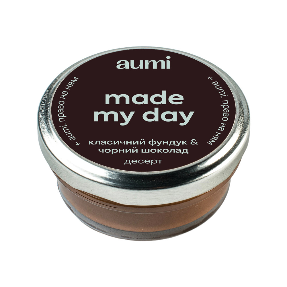 Десерт AUMI "Made my day" фундуково-шоколадний, 50г, банка СКЛЯНА, фундучна паста з чорним шоколадом