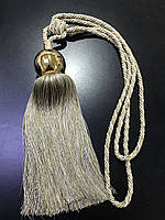 Кисть подхват для штор, с шнуром и нитями серо-оливкового цвета с золотым шаром