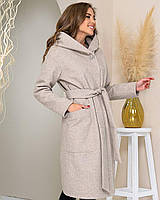 Пальто зима жіноча з капюшоном з кашеміру арт. 176 меланж сіро-молочний/ Пісочний