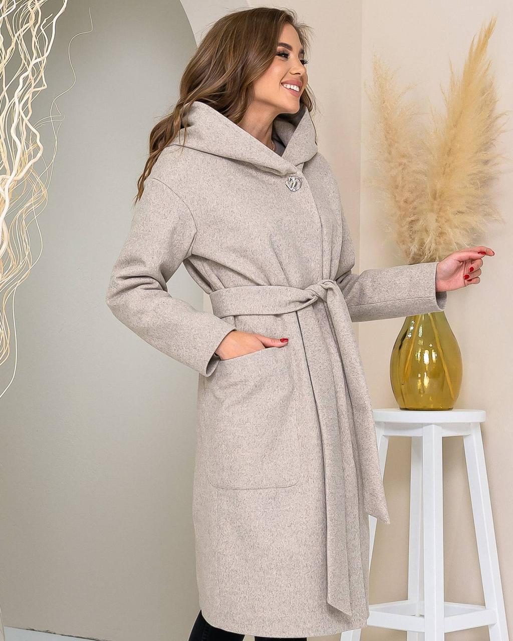 Пальто зима жіноча з капюшоном з кашеміру арт. 176 меланж сіро-молочний/ Пісочний, фото 1