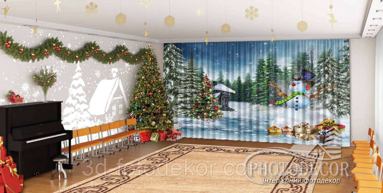 Новорічні Фото Штори в дитячий сад "Сніговик в лісі"