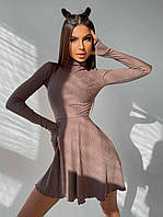 Платье мини женское красивое в рубчик приталенное с высоким горлом и пышной юбкой Smb6526