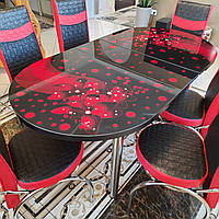 Обідній комплект, кухонний Овальний стіл та 6 стільців, червоний, ніжки хром
