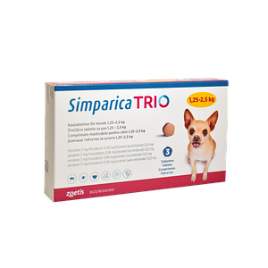 Таблетка Сімпаріка Тріо від бліх, кліщів та гельмінтів для собак вагою від 1,3 до 2,5 кг 1 шт