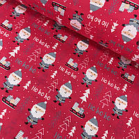 Ткань польская хлопковая, Санта Клаус с подарками в серых тонах на красном