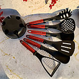 Набір кухонного приладдя на підставці 7 предметів Edenberg EB-3607 Набір поварешек з нейлону Червоний, фото 4