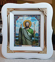 Икона святой Иоанн Предтеча в белом деревянном фигурном киоте с декоративными уголочками,киот 19*17, лик 10*12