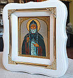 Ікона Іов Почаєвський в білому фігурному кіоті під склом з декорат. кутиками, розмір кіота 18*16, сюжет 10*12, фото 2