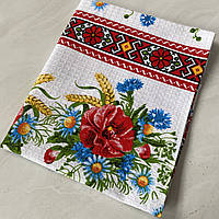 Вафельний рушник для кухні маки та український орнамент 43х70 см