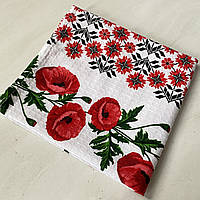 Готовий вафельний рушник з гілочкою з маками і українським орнаментом 45х70 см