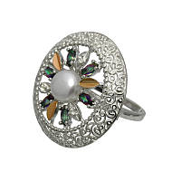Серебряное кольцо Фортуна с золотыми вставками Александритами и натуральным речным белым жемчугом