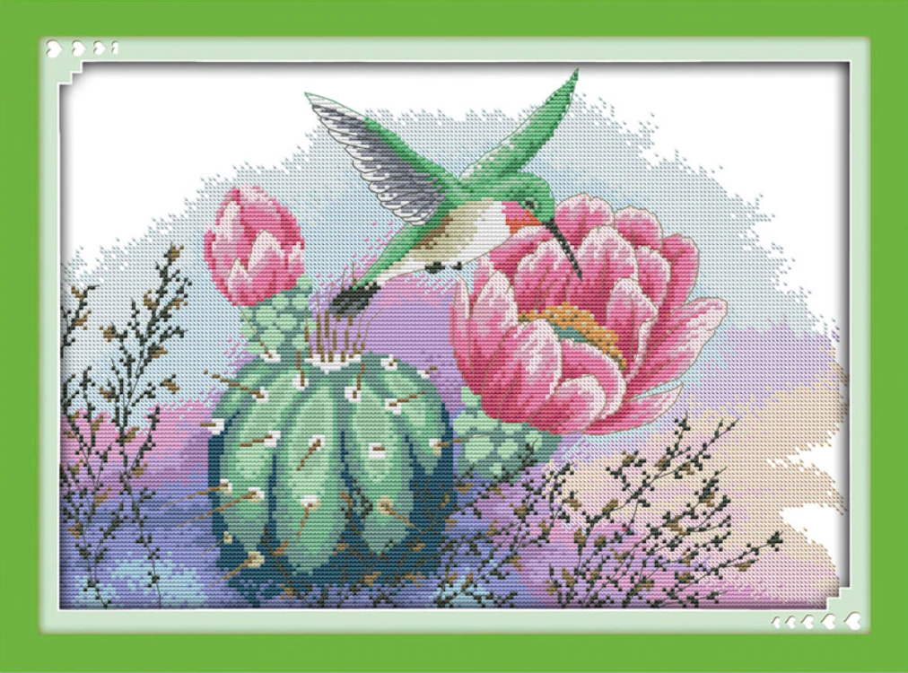 Набір для вишивання за нанесеною на канву схемою "Flowers and hummingbird". AIDA 14CT printed 44*32 см