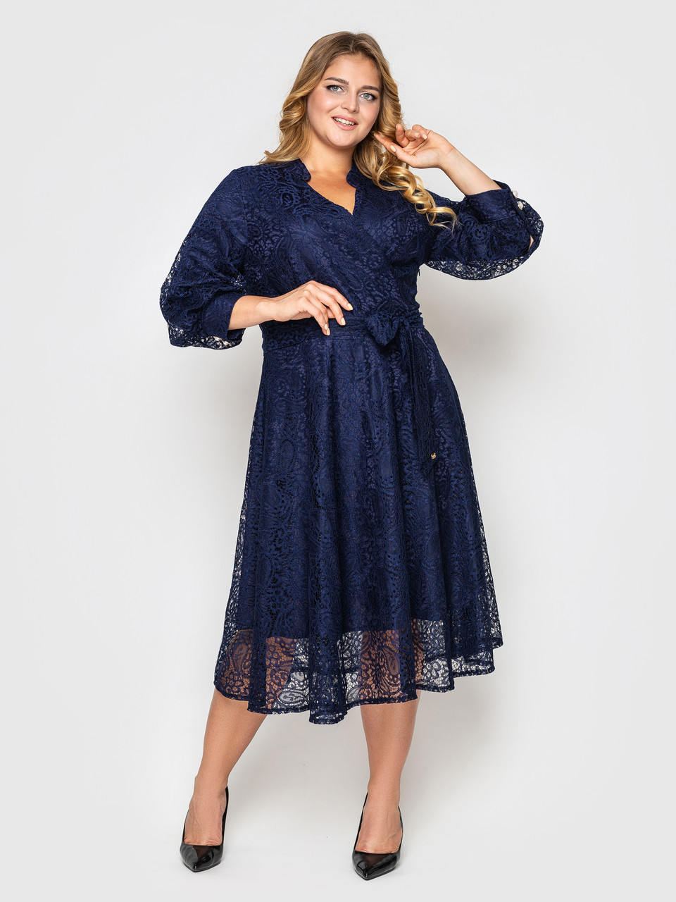 Коктельное мереживну сукню синього кольору на підкладці, великих розмірів від 50 до 58
