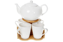 Чайний фарфоровий набір Naturel: заварювальний чайник (1200мл) і 4 гуртки (300мл) на бамбуковій підставці BonaDi