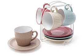 Набір чайний: 4 чашки 250мл + 4 блюдця на металевій підставці BonaDi 344-082