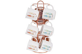 Набір (6шт) керамічних чашок 250мл з блюдцем на металевій підставці Плюмаж BonaDi 935-121