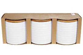Набір (3шт) керамічних банок 550мл з бамбуковими кришками з об'ємним малюнком Лінії, колір - білий BonaDi