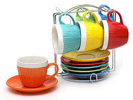 Набір з 6-ти келихів 275мл з блюдцями на метал підставці Плетений орнамент (яскраві фарби) BonaDi 575-112