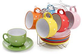 Набір (6 шт) керамічних чашок 250мл з блюдцем в горох на металевій підставці Яскравий мікс BonaDi 344-097
