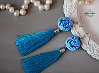 Голубые серьги кисти ручной работы с цветами "Лазурные пионы"