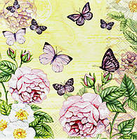 Салфетка декупажная Розы и бабочки на жёлтом фоне 5550