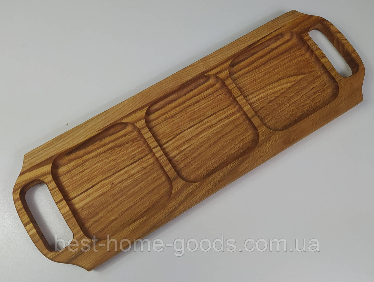 Довга дерев’яна дошка-менажниця дубова з ручками, 3 секції, 45х15 см — стильна подача сирів і м’яса, фото 1