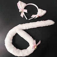 Комплект для карнавального костюма "Белый пушистый котик" - ушки и хвост с бантиками и колокольчиками Kaprizz