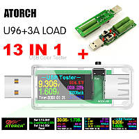 USB-тестер Atorch U96P 13-в-1 + Нагрузка 3А. Цифровой вольтметр, амперметр постоянного тока, напряжения.