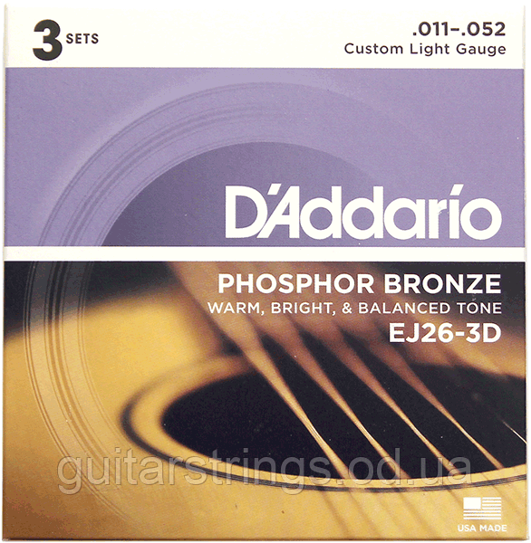 Струны D'Addario EJ26-3D Phosphor Bronze 11-52 3 sets - фото 1 - id-p229501192