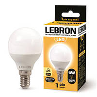 LED лампа 6W шарик Lebron L-G45 Е14 3000K 480Lm угол 220 °