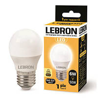 LED лампа 6W шарик Lebron L-G45 Е27 3000K 480Lm угол 220 °