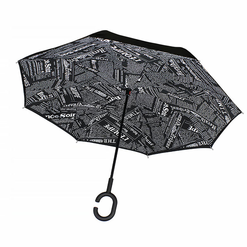 Розумний парасолька навпаки Lesko Up-Brella Газета Чорна зворотного складання ручка Hands Free жіночий