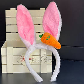 Вушка - обруч "Зайчика з морквою", рожеві з білим, Обруч-ушки зайчик