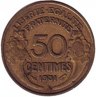 Монета 50 сантимів. 1931,-39 рік, Франція.