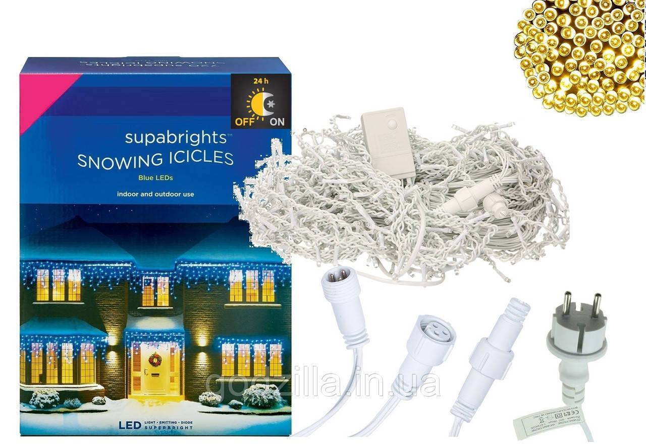 Новорічна гірлянда Бахрома 300 LED, Білий теплий світ 14 м + Нічний датчик