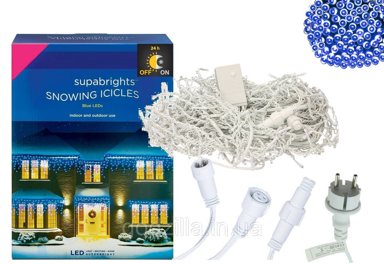 Новорічна гірлянда Бахрома 300 LED, Блакитний світло 14 м + Нічний датчик