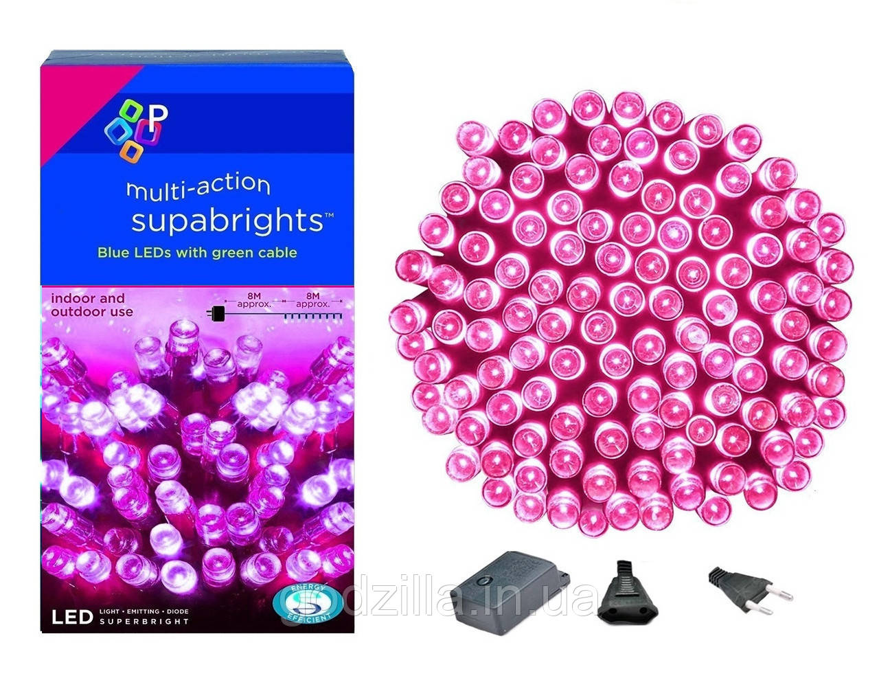 Новорічна гірлянда 300 LED, IP44, Довжина 24 М, Рожевий світло