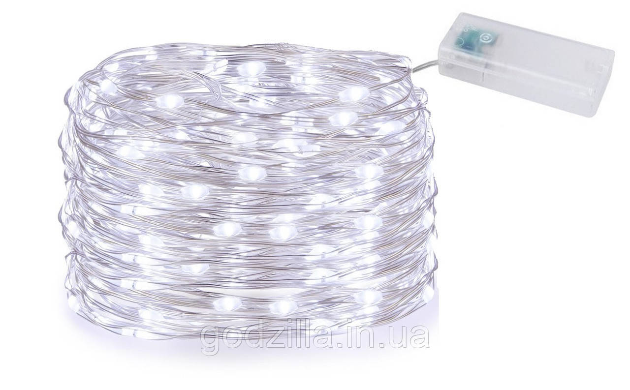 Новорічна гірлянда 100 LED, На прозорому проводі, Білий холодний світ, 9м